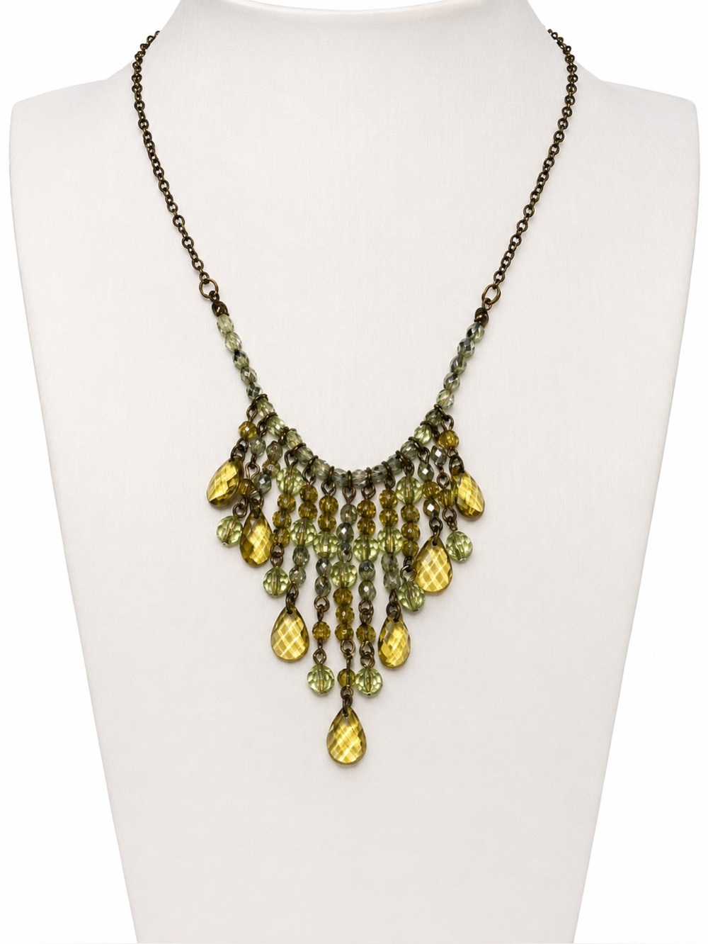 1928 Olive Green Colored Teardrop Fringe Necklace